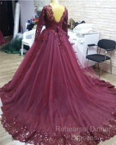 Elegant Lace Long Sleeves Semi Formal Prom Ball Gown Dresses